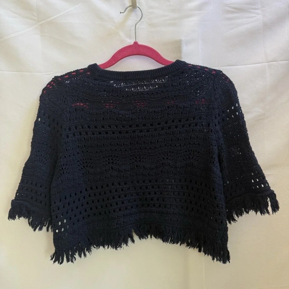 Boden Womens M Crochet Knit Fringe Crop Top Navy Blue Cotton Boho Swim Cover